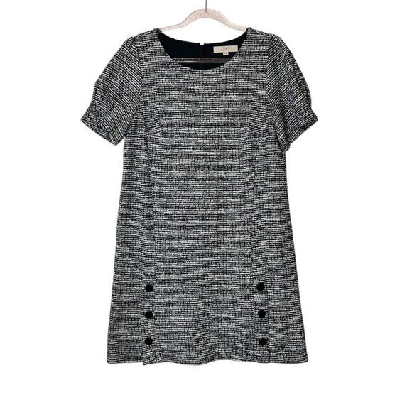 Loft Womens Size 12 Dress Tweed short sleeve Puffed Black Ivory Academia Style - Picture 2 of 10